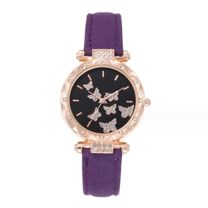 Women's quartz watch with purple leather strap and butterfly patterns on black dial