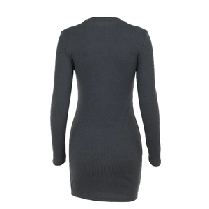 Back view of slim fit dark grey ribbed knit mini dress with long sleeves and round neck