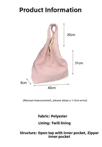 Detailed dimensions of pink pleated tote bag showing internal pockets and material texture