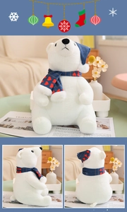 Detailed views of a white plush polar bear with blue winter scarf and heart patterns
