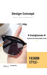 Detailed close-up of retro black semi-rimless sunglasses with vintage metal stud accents