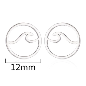 Fashionable 12mm silver stainless steel geometric hollow round earrings with wave pattern