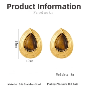 Detailed view of teardrop tiger eye stone earrings with 18K gold plating dimensions