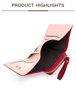 Detailed interior of pink trifold wallet with multiple card slots and zipper coin pocket