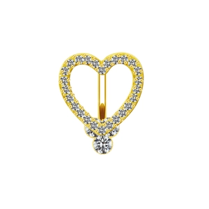 Luxurious gold heart-shaped navel ring with sparkling clear zircon stones on white background