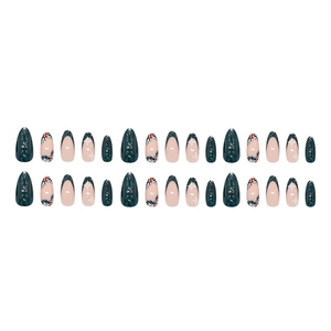 Christmas press-on nails with dark green almond tips and white star details, 24 pieces set