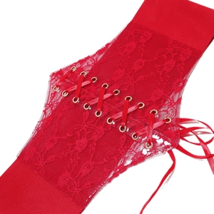 Red lace corset belt with wide elastic band and vintage floral pattern for dresses