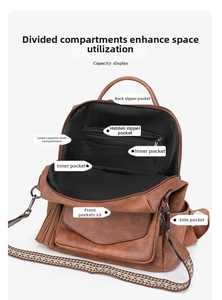 Detailed capacity display of vintage brown backpack showing multiple internal compartments