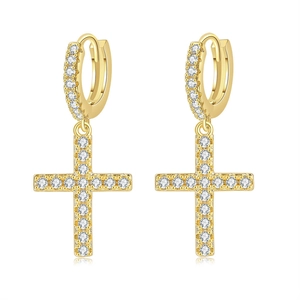 Gold plated huggie earrings with cross pendants and sparkling pave set zircons