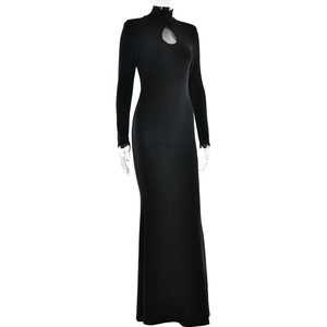 Close-up of black bodycon dress with elegant high neck and sexy teardrop neckline cutout