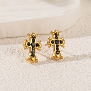 Classic 18K gold stainless steel cross stud earrings with sparkling black cubic zirconia