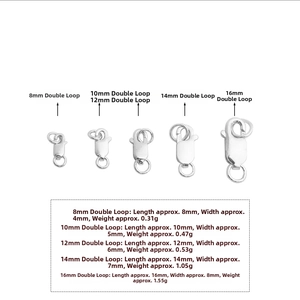 Size comparison chart for S925 sterling silver square spring clasps from 8mm to 16mm