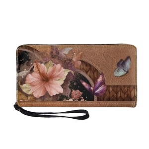 Close-up of warm brown faux leather long wallet with zipper and floral butterfly print