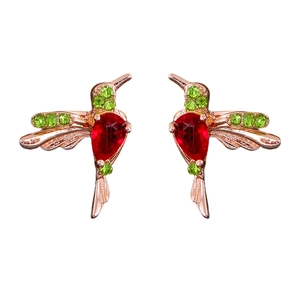 Rose gold hummingbird ear clips with vibrant red and green cubic zirconia stones