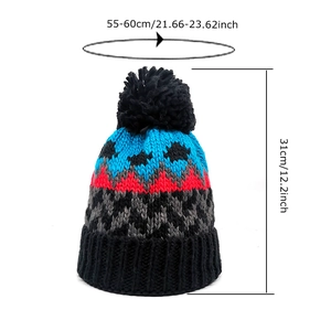 Women's vintage knit beanie with geometric wave patterns and cute top pompom