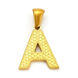 Polished gold initial A pendant with dotted texture on stainless steel for women
