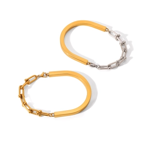 Bracelet à maillons en forme de U en acier inoxydable bicolore or et argent poli