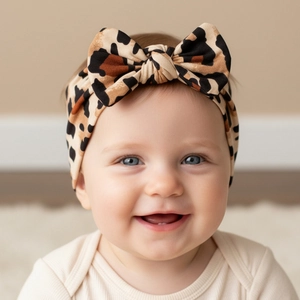Close-up of leopard print baby headband with a large bow on a smiling infant