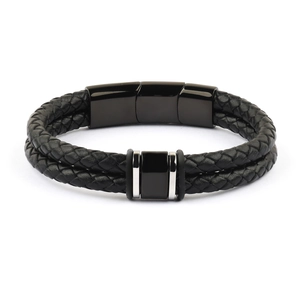 Double-layered black braided leather bracelet with black magnetic clasp and silver charm
