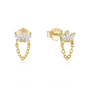 Close-up of S925 sterling silver gold ear studs with crown shape and chain tassels