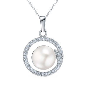 Elegant S925 sterling silver necklace with a round pearl pendant surrounded by zircons