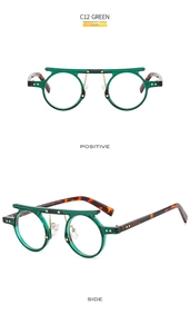 Front and side view of punk round sunglasses with transparent green frame and tortoise temples