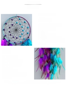 Macro detail of hand-knit web and carefully selected feathers on dream catcher wall decor