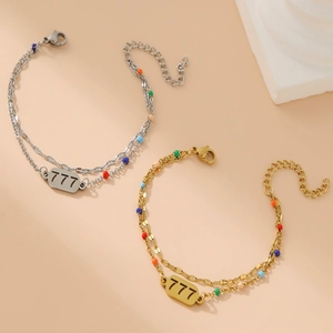 Bracciale a doppio strato in acciaio inossidabile dorato con numero 777 e perline colorate