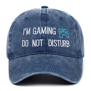 Detail view of cotton washed baseball cap with I'M GAMING DO NOT DISTURB embroidery