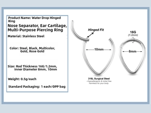 Detailed view of 316L stainless steel teardrop hinged ring for nose and cartilage