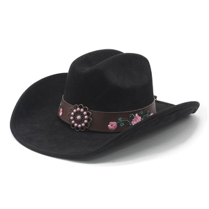 Black suede western cowboy hat with pink rose embroidery and vintage metal bead buckle