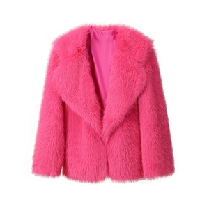 Detail of rose red faux fur coat showing soft texture and fluffy lapel collar design