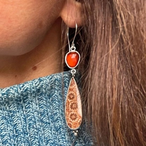 Asymmetric long earrings with deep red rhinestones and coral stone water drop pendants