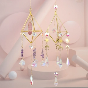 Golden suncatcher prism pendant with natural crystal columns and geometric frames