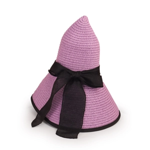 Detailed view of lavender straw sun hat with large black mesh bow and woven texture