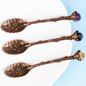 Vintage bronze coffee spoons with natural crystal stones and floral embossed carvings