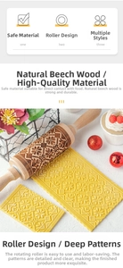 Close-up of snowflake and geometric patterns on natural beech wood rolling pin
