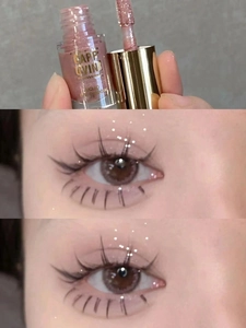 Detail of pink shimmer liquid eyeshadow with hand-held brush and professional makeup look