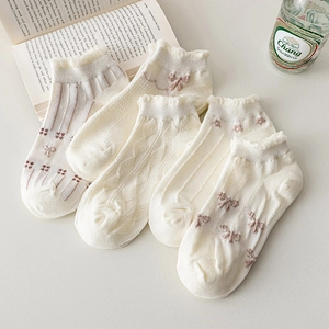 Women Ankle Socks Cotton Blend Breathable Thin Mesh Ruffle Lace Edge Japanese Kawaii Sweet Embroidery