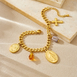 18K gold plated stainless steel beaded jewelry set with cross and oval relic pendants