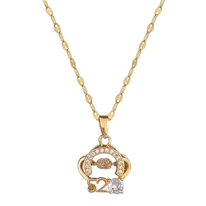 Luxury gold titanium steel crown necklace with 520 pendant and sparkling crystals