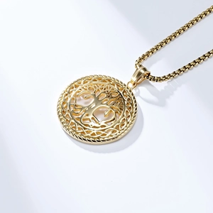 Detail of gold Tree of Life hollow pendant with matching stainless steel box chain