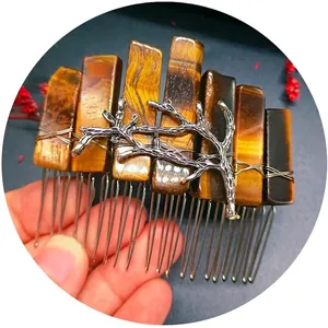 Vintage hair comb with natural tiger eye crystal slices and silver branch metal ornaments