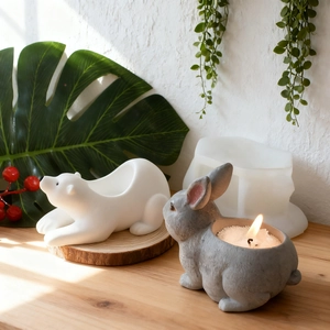 Animal bear and rabbit candle holder silicone mold for DIY plaster pots and decor