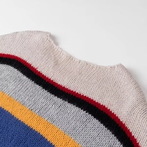 Close-up of rainbow striped knit sweater neck detail in high quality thick yarn