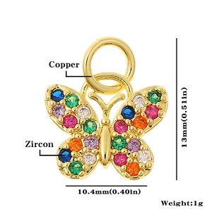 Detailed view of tiny colorful zircon butterfly charm pendant with 13x10.4mm measurements