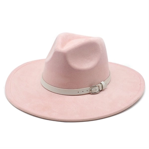 Pink wide brim suede fedora hat with white belt strap and silver buckle detail