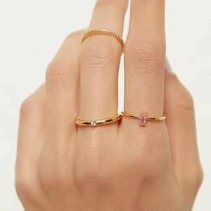 Three-piece 18k gold plated ring set with pink marquise zircon and minimalist bands
