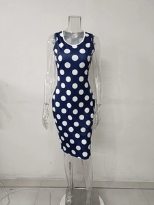 Détail d'une robe moulante sans manches à col rond avec un imprimé à pois bleu marine et blanc