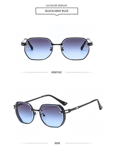 Front and side view of hexagonal metal sunglasses with gray-blue gradient lenses